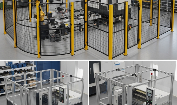 Custom machine guarding enclosures protecting workers from automated machinery